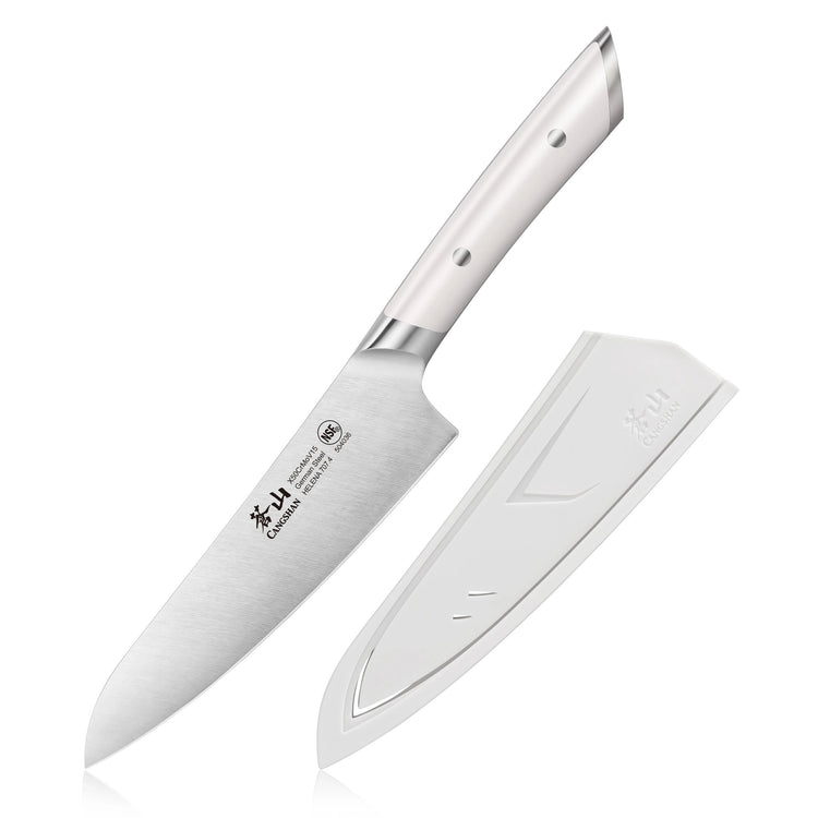 5.5-inch utility knife with stainless steel blade and white ergonomic handle, accompanied by a matching protective sheath.