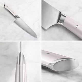 
                    
                      Four close-up views of a utility knife showing the blade, handle, spine, and butt end with a light pink handle.
                    
                  