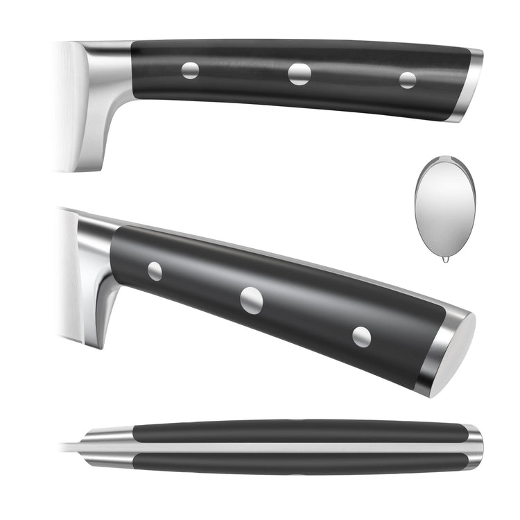 Knife handle shown from three angles: top, side, and bottom, with black grip and three metal rivets.