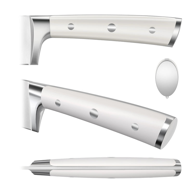 Three views of a white knife handle with three rivets and metal accents on both ends.