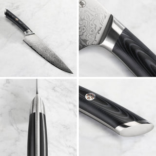 
                    
                      Damascus steel chef knife with black ergonomic handle shown from multiple angles on a marble surface.
                    
                  