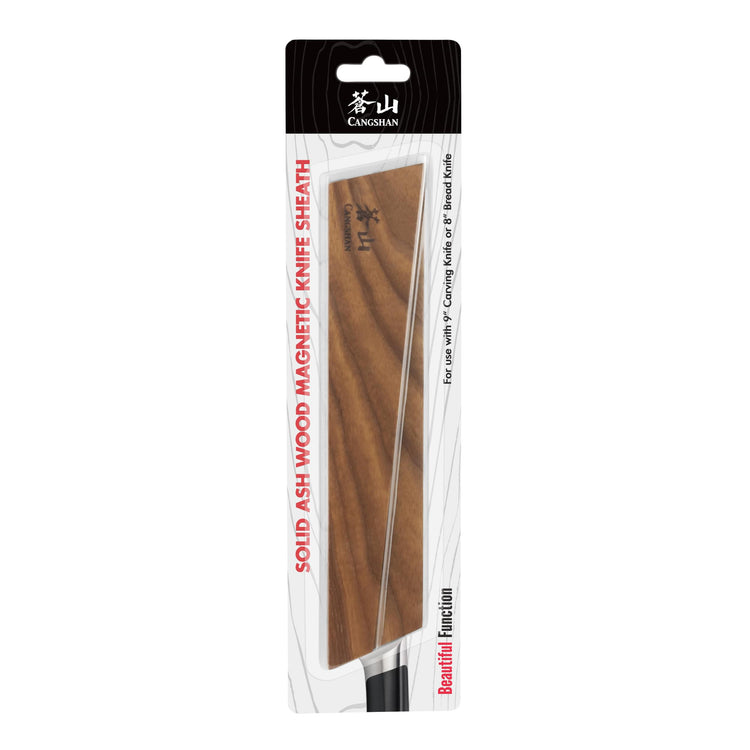 Solid ash wood magnetic knife sheath in packaging, designed for 8" bread and 9" carving knives.