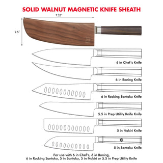 
                    
                      Walnut magnetic knife sheath measuring 7.25 by 2.5 inches, shown covering a 6-inch chef's knife handle.
                    
                  