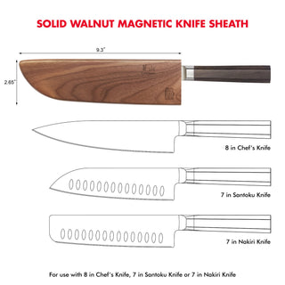 
                    
                      Walnut magnetic knife sheath measuring 9.3 by 2.65 inches, shown with an 8-inch chef’s knife handle inserted.
                    
                  