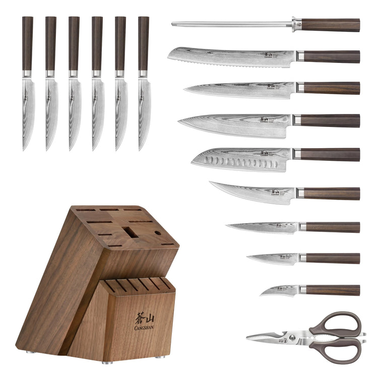 MAYA Series 17-Piece Knife Block Set with X-7 Damascus steel blades, dark wood handles, shears, and a walnut block.