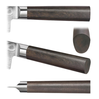 
                    
                      Close-up views of a knife handle made of dark wood with a metal bolster and rounded end.
                    
                  