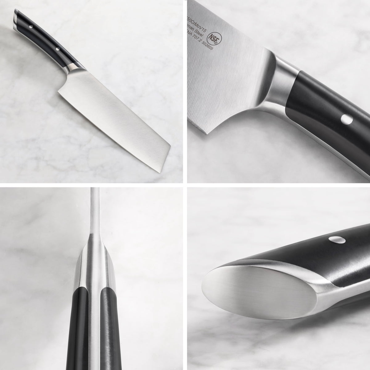 7-inch Nakiri knife with black handle and forged German steel blade shown from multiple angles on a white surface.