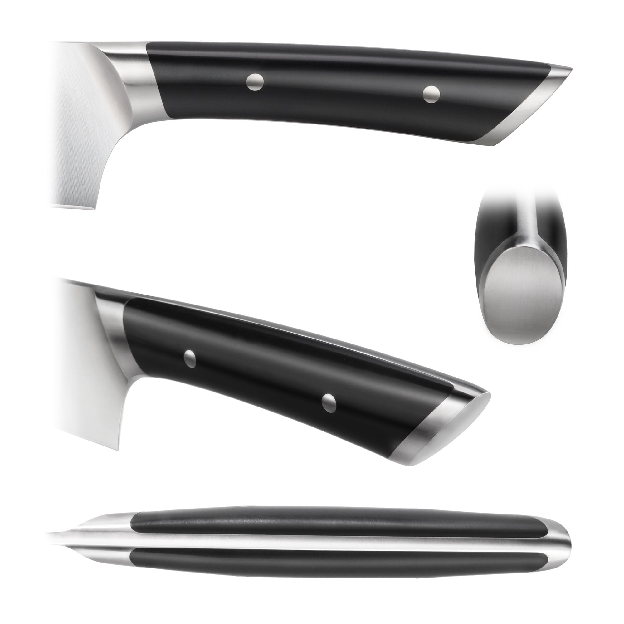 Black ergonomic handle of a 7-inch Nakiri knife with metal rivets and stainless steel bolster and end cap.