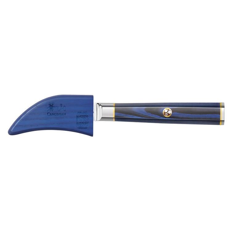 Blue peeling knife with curved blade and matching blue sheath, featuring a polished handle with metal accents.