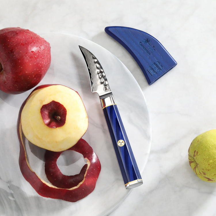 Blue-handled peeling knife with curved blade and sheath next to peeled red apple on white plate.
