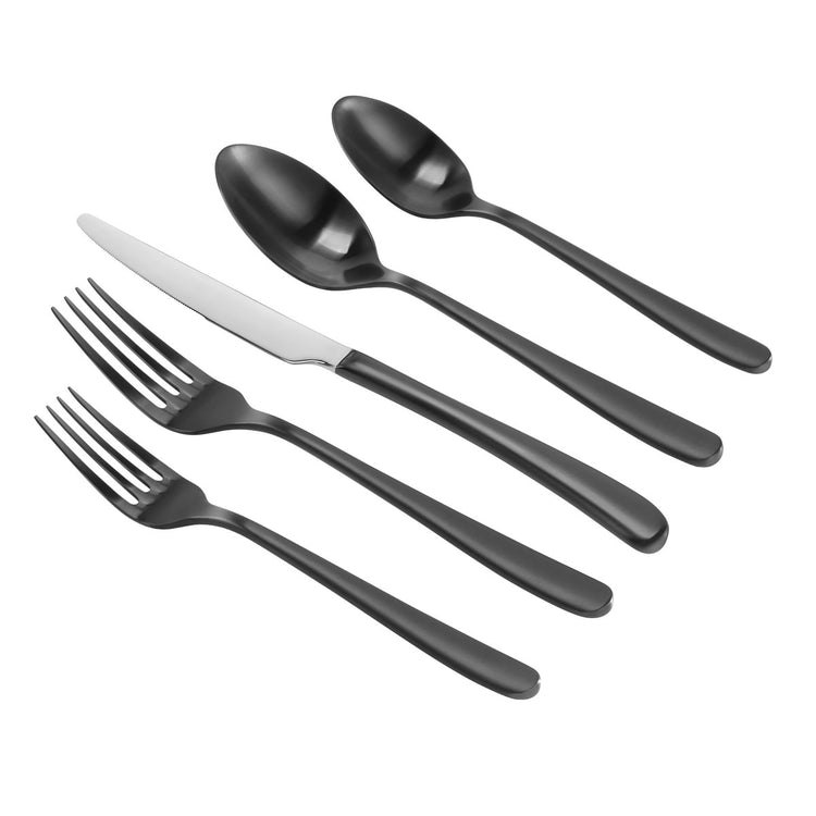 RAIN II Series 5-piece matte black flatware set featuring two forks, two spoons, and a knife with a silver blade.