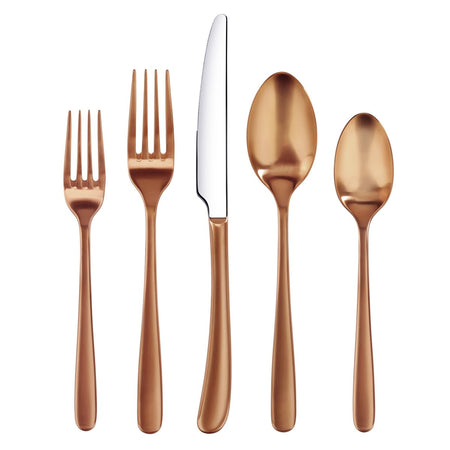 RAIN II Series copper forged flatware set featuring two forks, a knife with a silver blade, and two spoons.