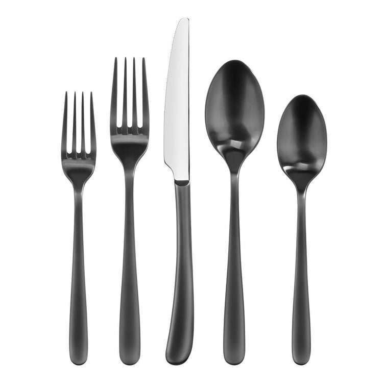 RAIN II Series matte black stainless steel flatware set featuring two forks, a knife, and two spoons.