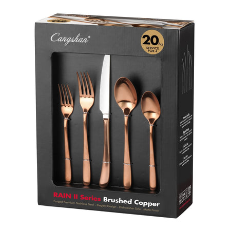 Cangshan RAIN II Series 20-piece brushed copper flatware set packaged in a black display box.