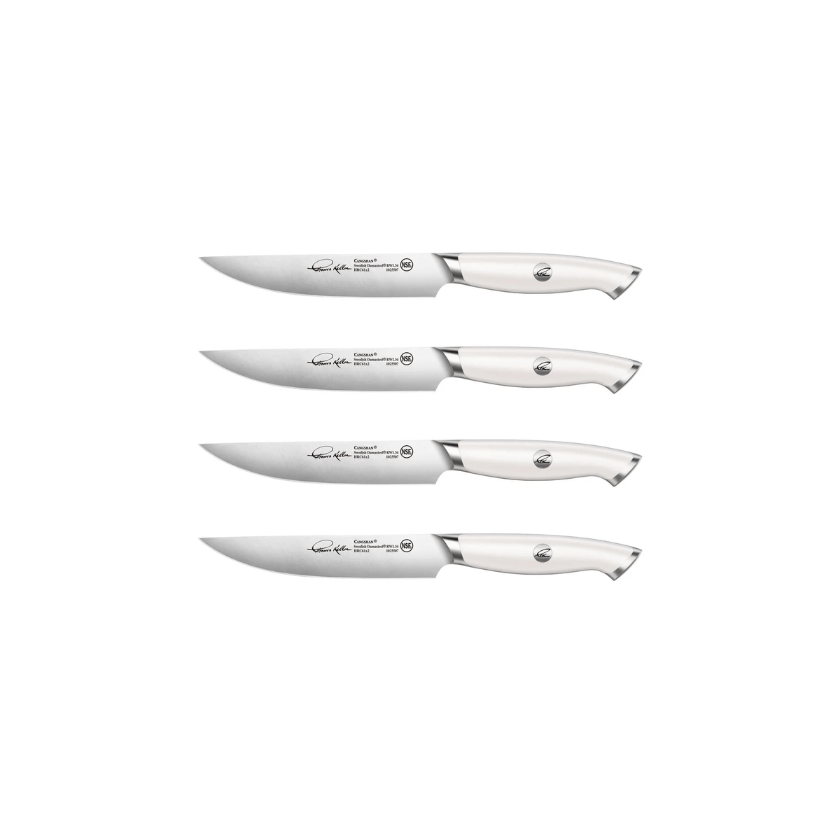 Four steak knives with white handles and stainless steel blades, each engraved with a signature and logo.