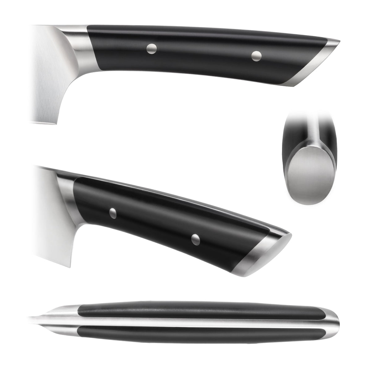 Black vegetable cleaver handle with stainless steel bolsters and rivets, shown from multiple angles.