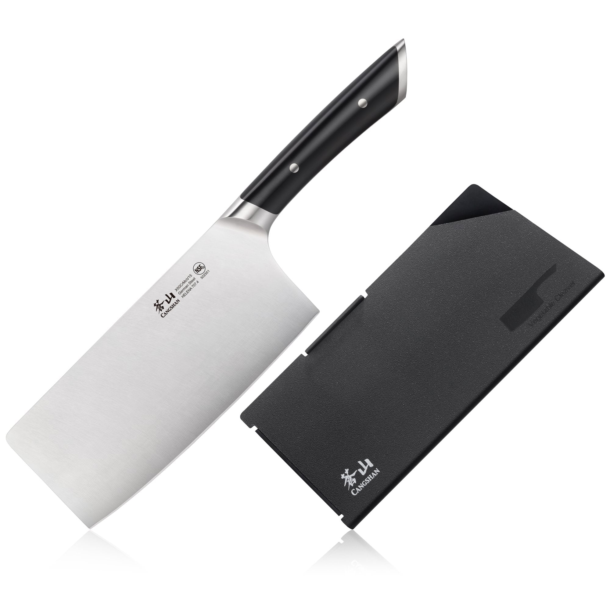 7-inch vegetable cleaver with black handle and protective black sheath, forged German steel blade.