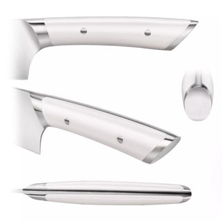 
                    
                      Close-up views of a white-handled kitchen knife with stainless steel bolsters and rivets from multiple angles.
                    
                  