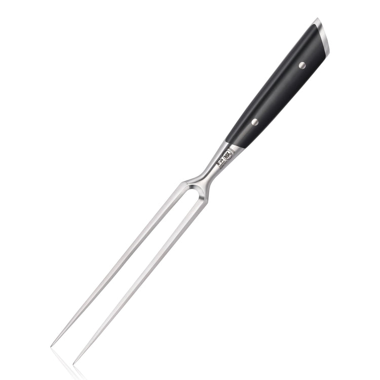 6-inch carving fork with two long metal prongs and a black ergonomic handle with rivets.