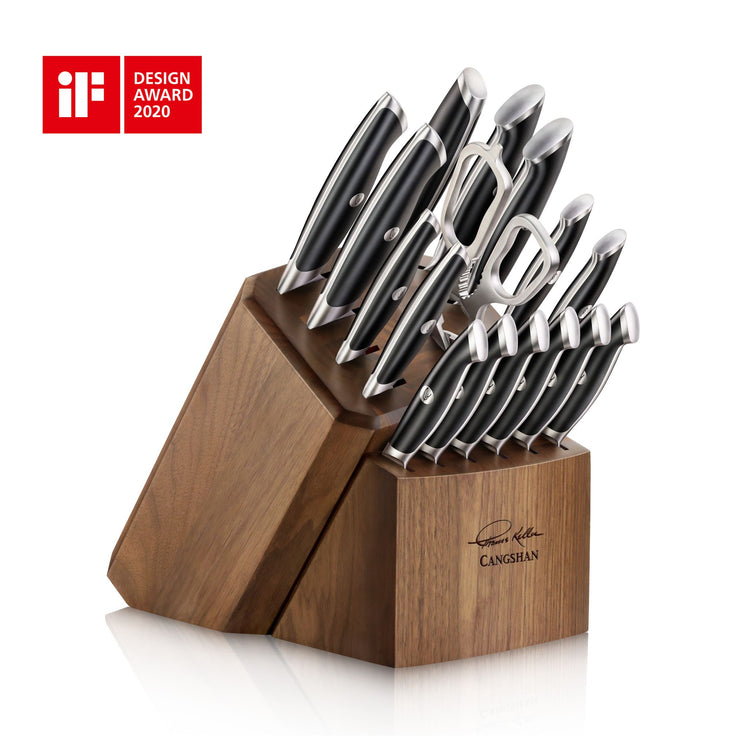 TKSC 17-piece knife block set with black handles and steel kitchen shears stored in a dark wooden block.