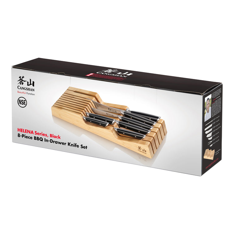 8-piece BBQ knife set with black handles in a bamboo in-drawer storage tray, displayed on packaging box.