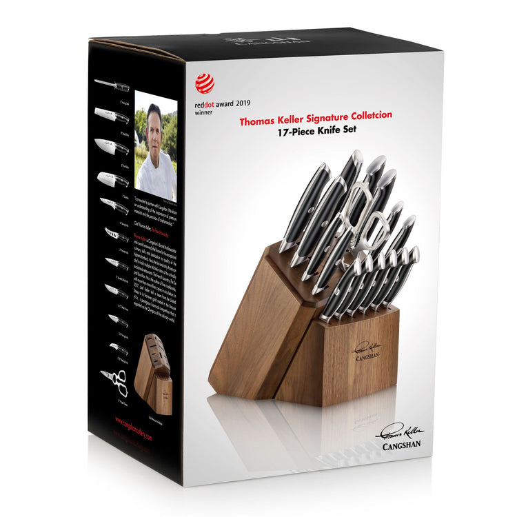 Product box for the Cangshan Thomas Keller Signature Collection 17-piece knife set in a wooden knife block.