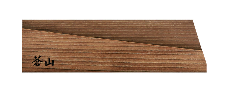 Solid ash wood magnetic knife sheath with a smooth finish and a small black logo on the bottom left corner.