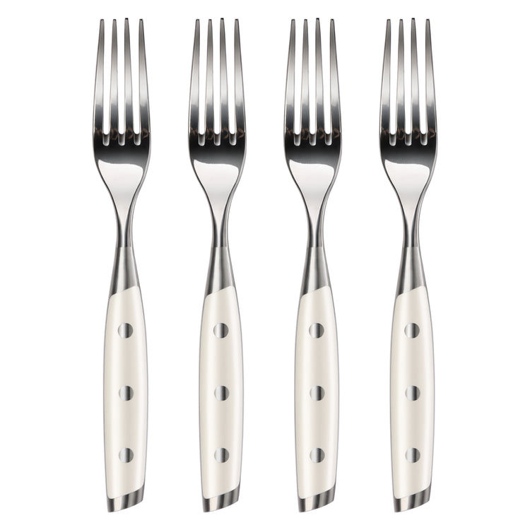Four stainless steel steak forks with white handles, each featuring three rivets, arranged vertically side by side.