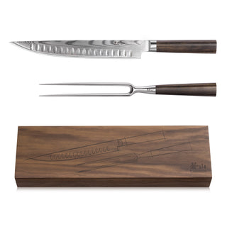 
                    
                      Two-piece carving set with Damascus steel blade and fork, dark wooden handles, and matching wooden storage box.
                    
                  