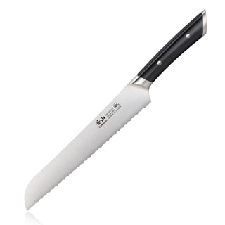 
                    
                      8-inch serrated bread knife with black handle and stainless steel blade marked with brand and specifications.
                    
                  