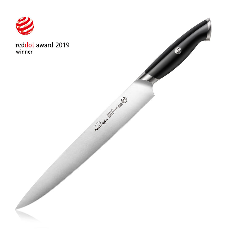 Black-handled carving knife with long, narrow stainless steel blade and engraved logos, Red Dot Award 2019 winner.