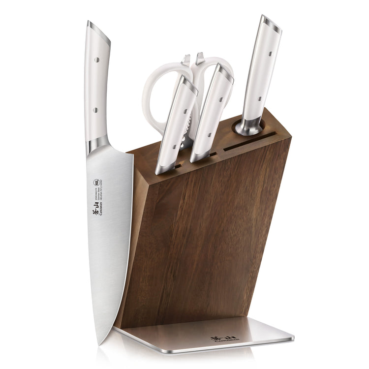 Six-piece knife set with stainless steel blades and handles, stored in a wooden block with a metal base.