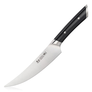 
                    
                      6-inch boning knife with curved stainless steel blade and black ergonomic handle with metal rivets.
                    
                  