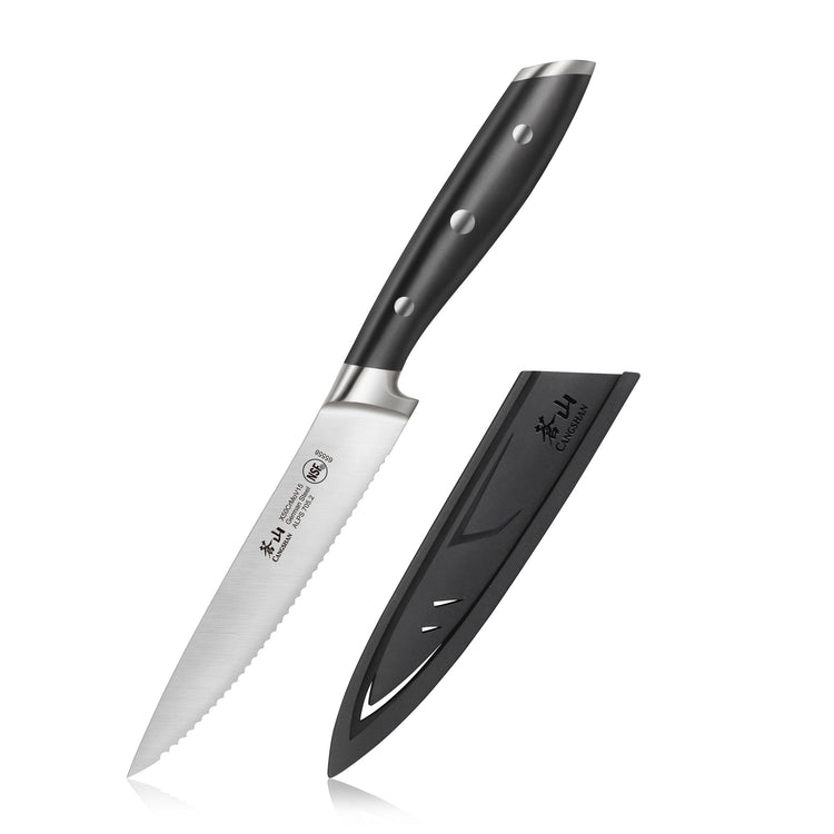 5-inch serrated utility knife with black handle and matching black sheath, forged German steel blade.