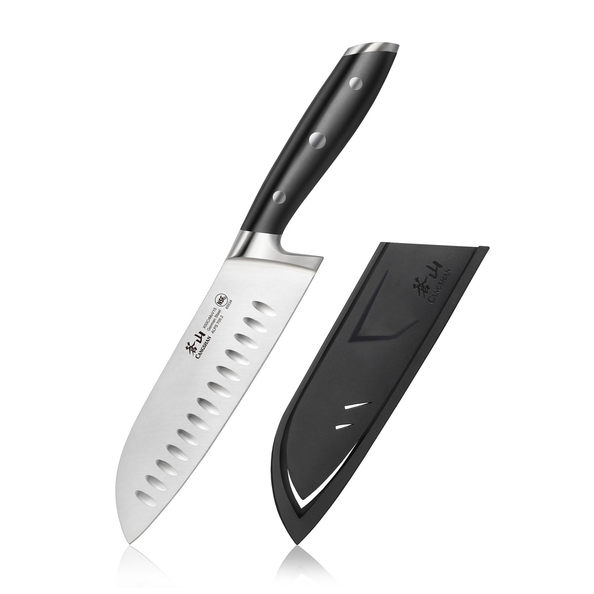 Santoku knife with a black handle and a stainless steel blade featuring oval indentations, next to a black protective sheath.