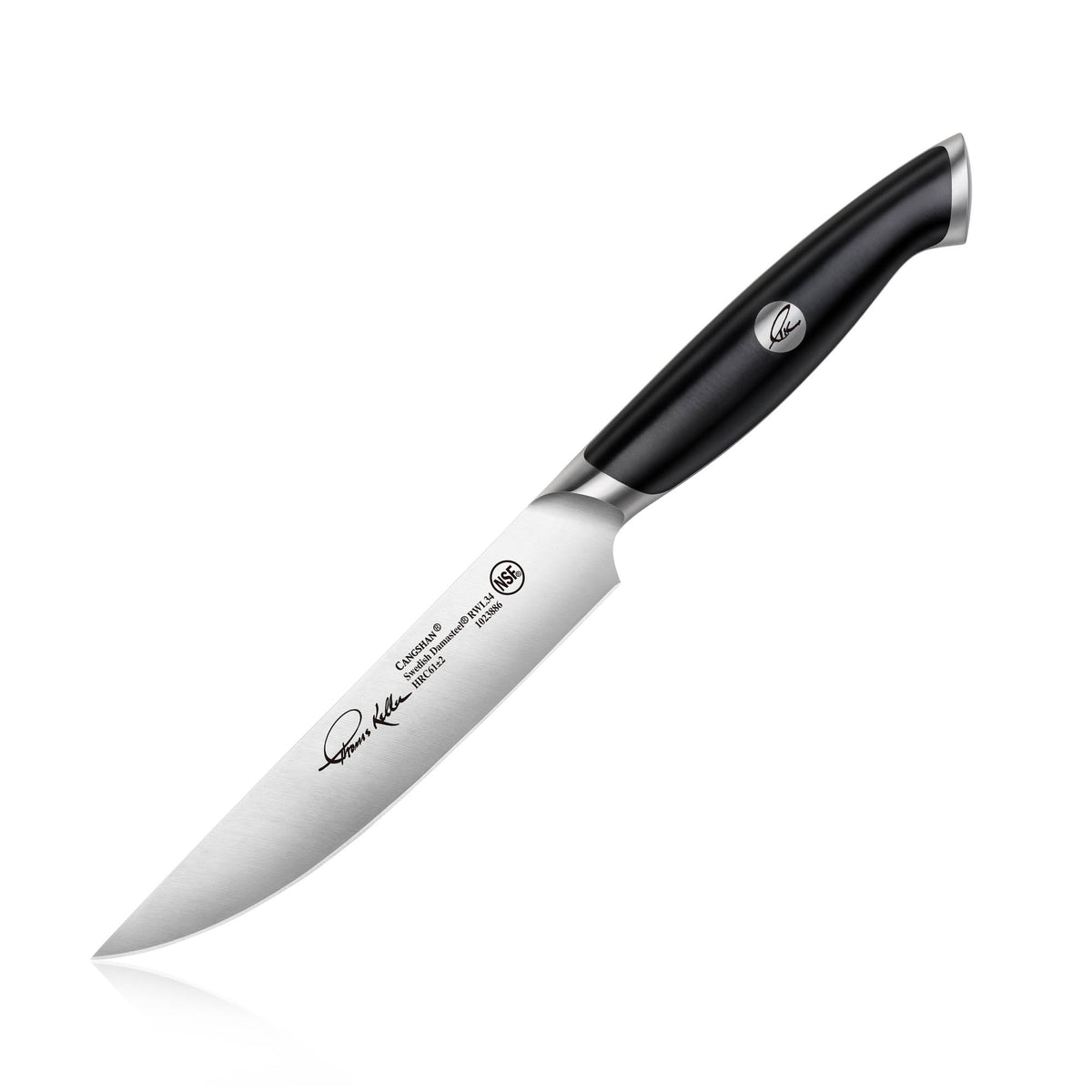 TKSC 5-inch steak knife with black ergonomic handle and fine-edge forged Swedish powder steel blade.