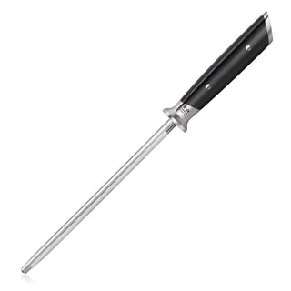 
                    
                      8-inch honing steel with a black handle and metal guard for knife sharpening.
                    
                  