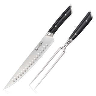 
                    
                      Carving knife with hollow edge and two-prong carving fork, both with black handles and metal rivets.
                    
                  
