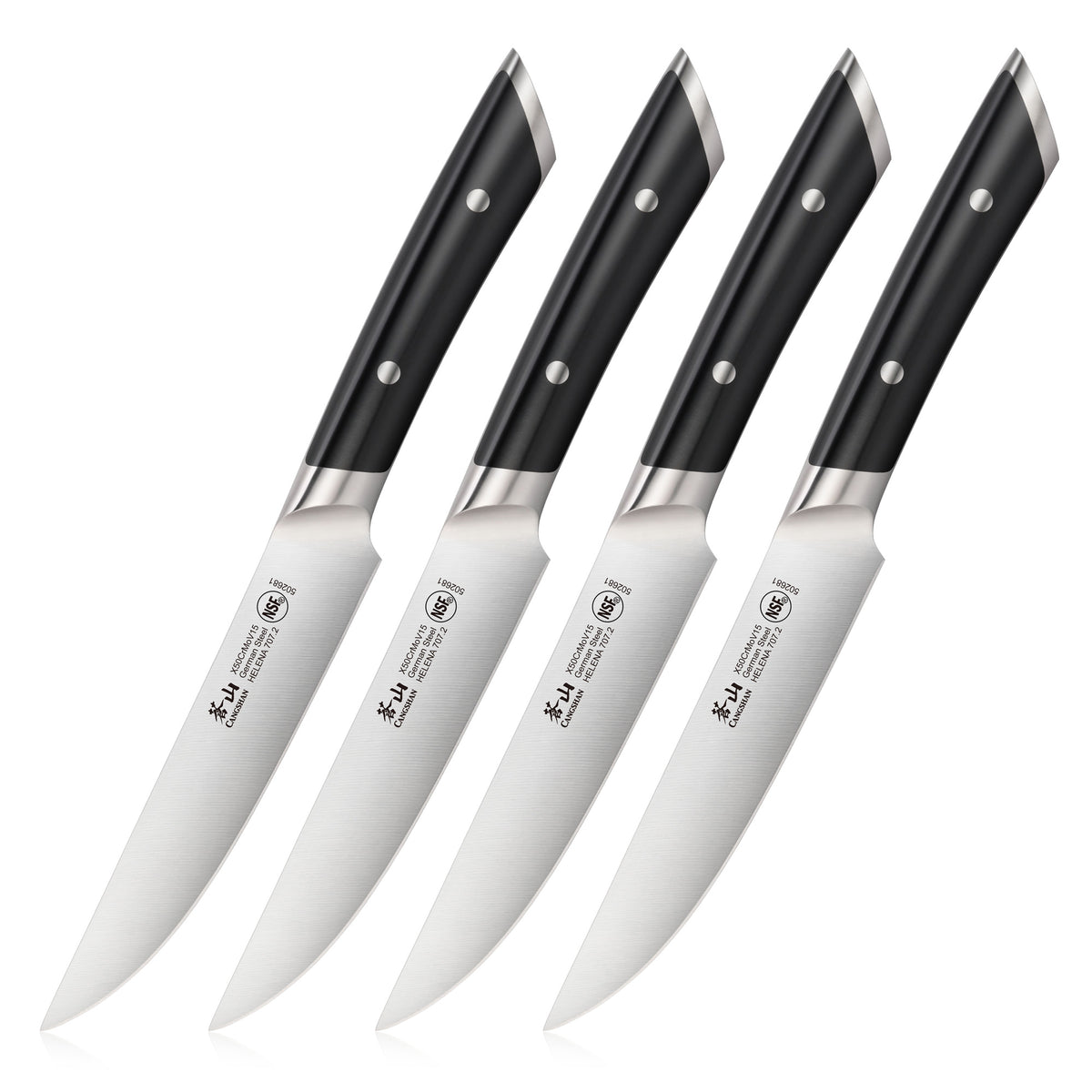 Four steak knives with black handles and stainless steel blades arranged in a row.