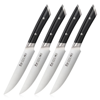 
                    
                      Four steak knives with black handles and stainless steel blades arranged in a row.
                    
                  