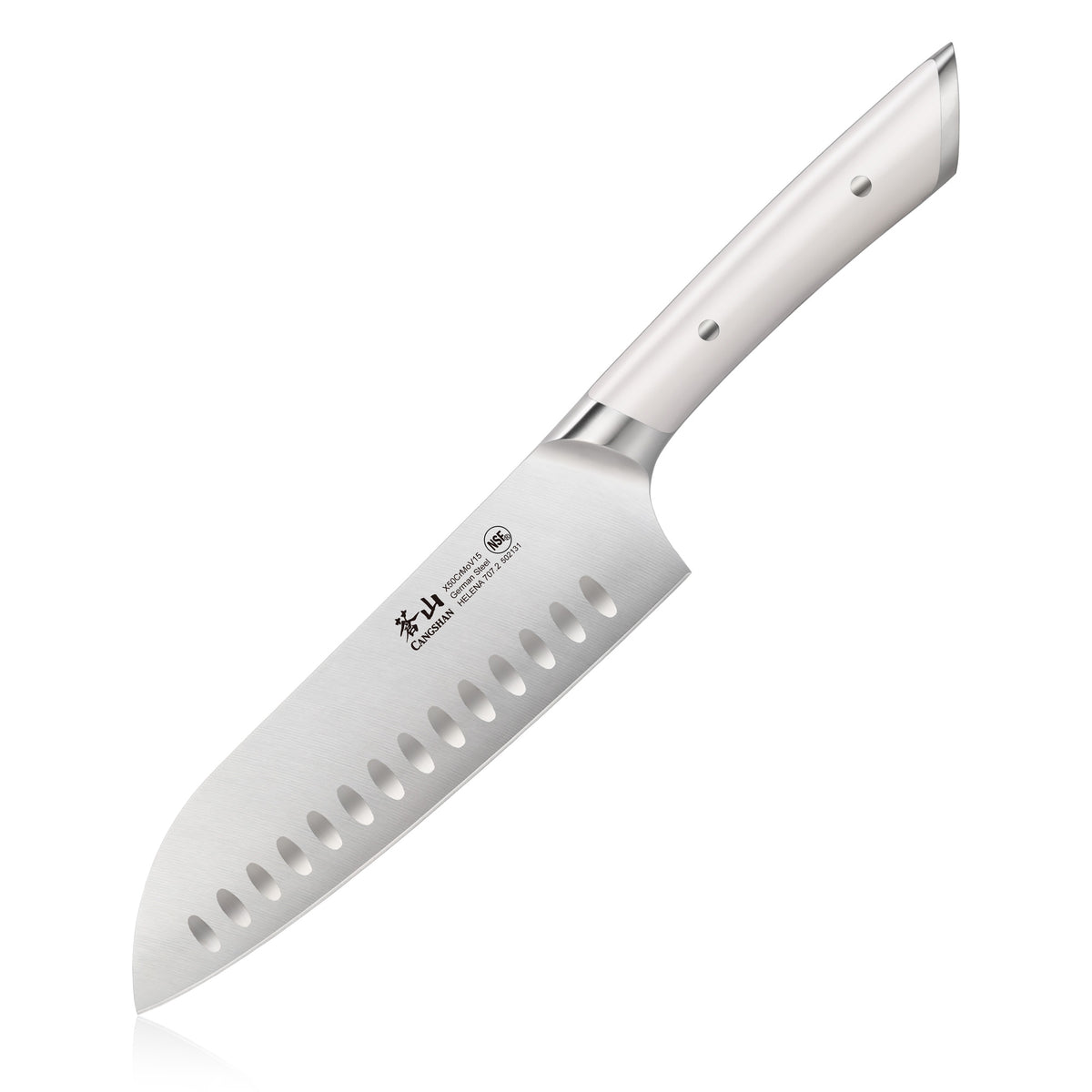 7-inch Santoku knife with a white handle and hollow edge blade made of forged German steel.