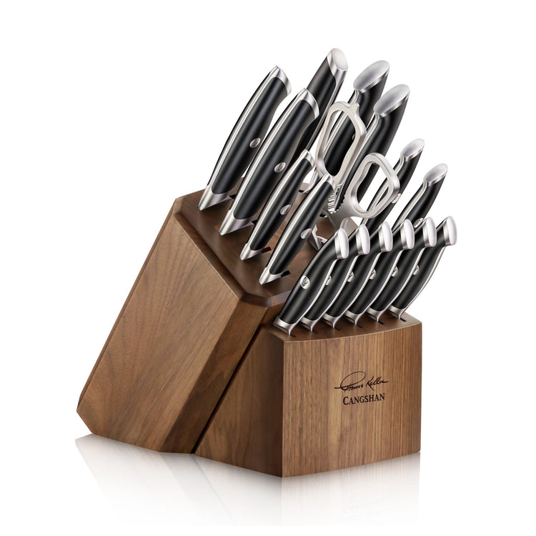 Cangshan 17-piece knife block set featuring black-handled kitchen knives and shears in a dark wooden block.