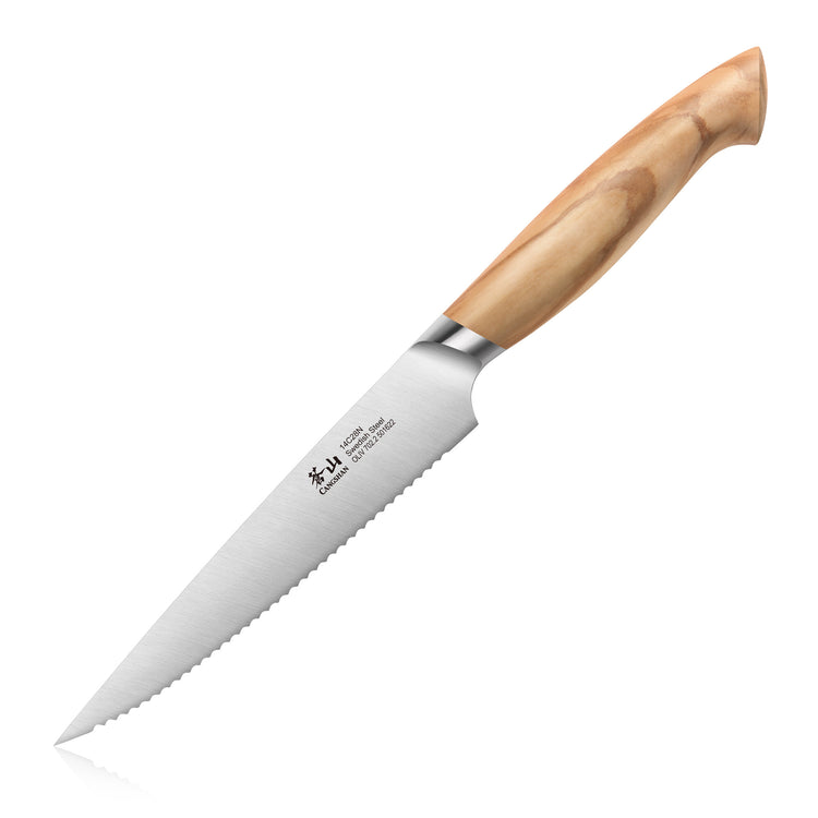 5-inch serrated utility knife with forged Swedish steel blade and smooth olivewood handle.