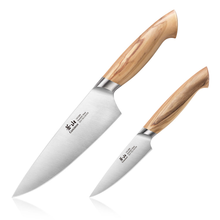 Two kitchen knives with stainless steel blades and light wood handles, one larger chef's knife and one smaller paring knife.