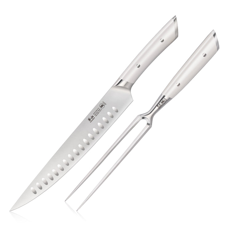 Two-piece carving set with a perforated blade knife and a two-prong fork, both with stainless steel handles.