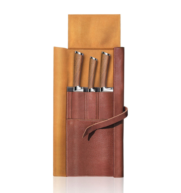 Four knives with wooden handles in a partially open brown leather roll-up case with a tan interior.