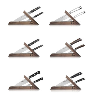 
                    
                      Six views of a triangular walnut wood knife block, each holding two different kitchen knives with various handle designs.
                    
                  