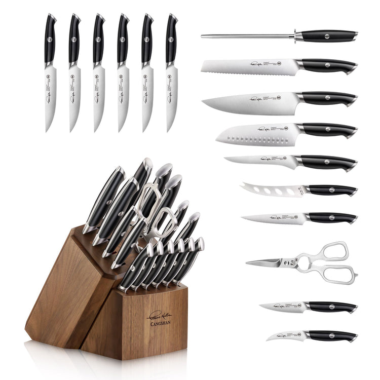 17-piece knife block set with stainless steel blades, black handles, kitchen shears, and a wooden block.