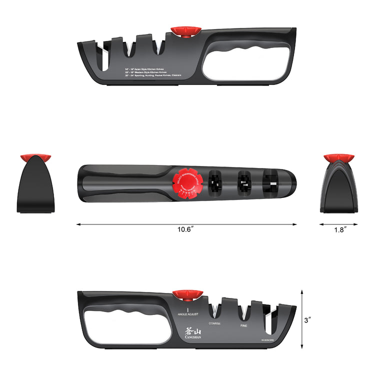 Black handheld knife and scissor sharpener with three slots, red adjustment dial, and ergonomic handle, measuring 10.6 by 3 b