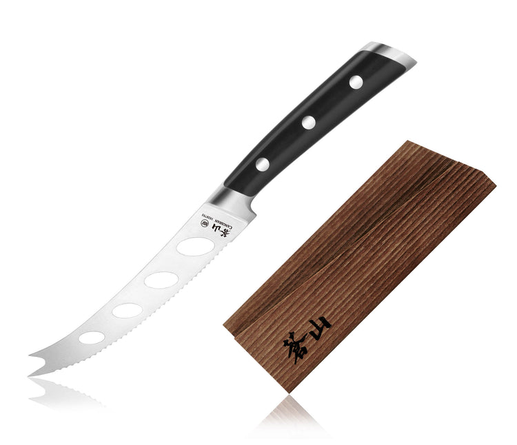 5-inch serrated tomato and cheese knife with black handle and wooden sheath with engraved characters.